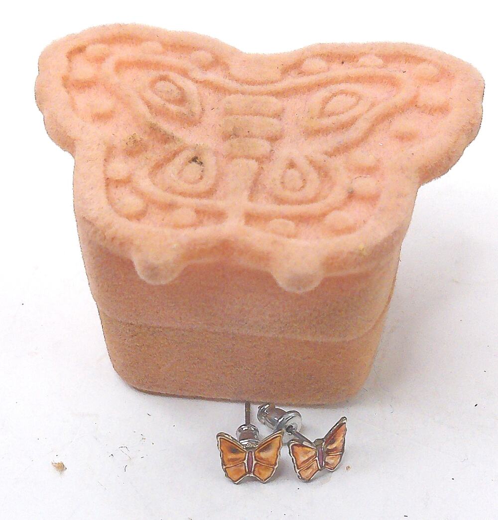 Vintage Novelty Velvet Butterfly Jewelry Box With Matching Enamel Stud Earrings